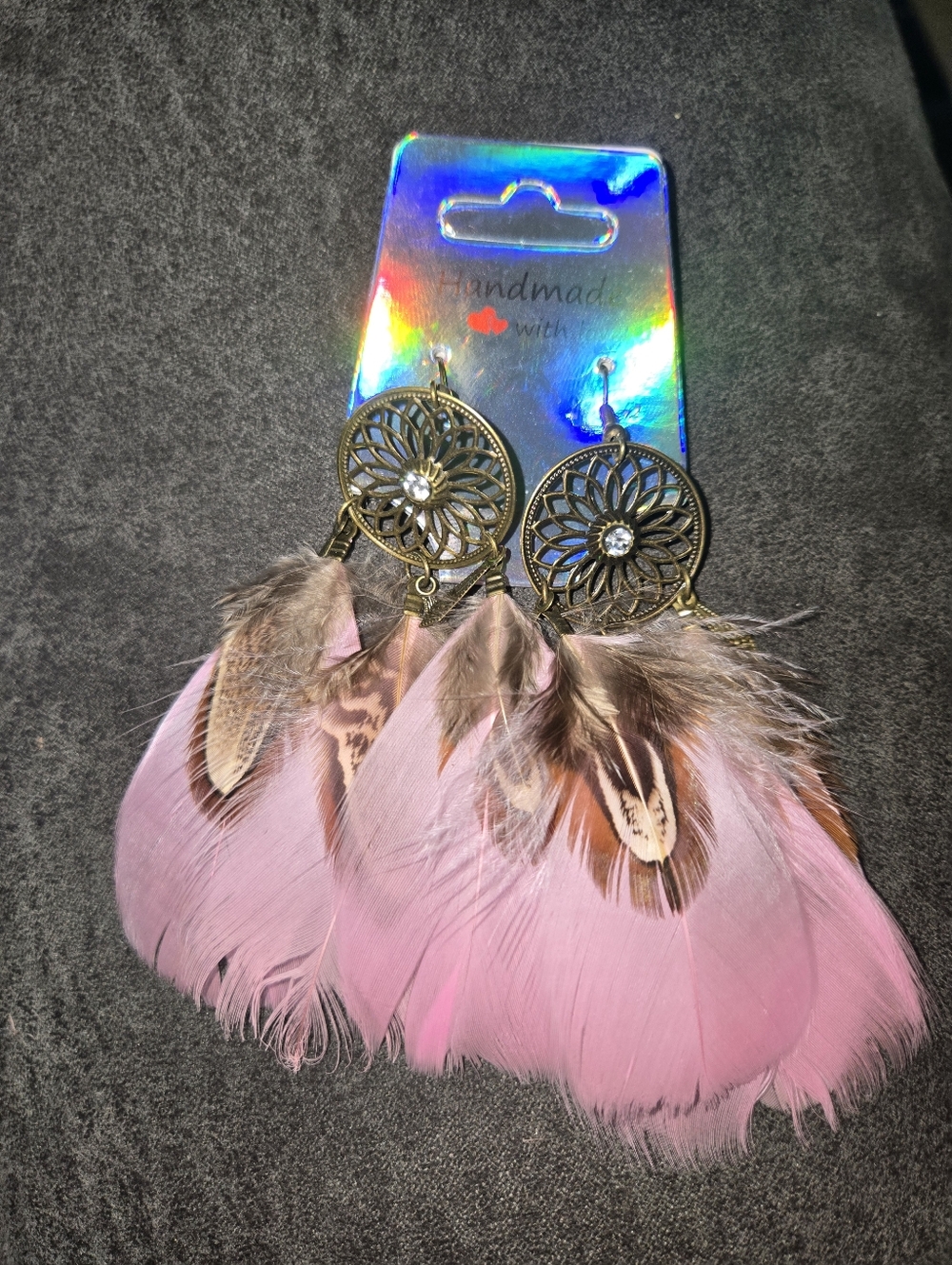 Festival Bohemian Feather Earrings – Bronze Mandala with Gemstone Center   251